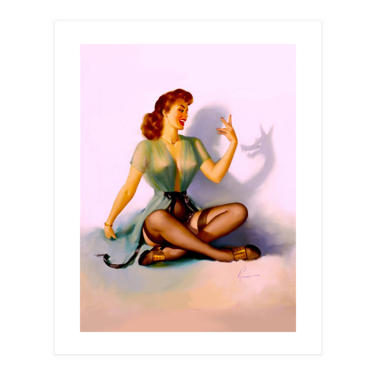 Sexy Pinup Making A Big Bad Wolf Shadow On The Wall (Print Only)
