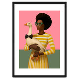 Stylish Woman Holding Goose In Striped Dress thumbnail