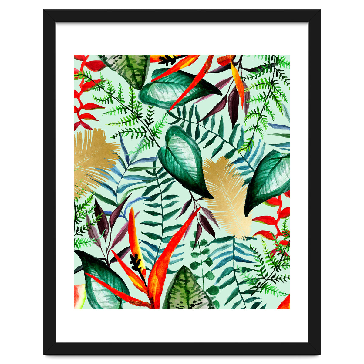 Paradise, Tropical Jungle Botanical Bohemian Illustration, Palm Bird of Paradise Gold Painting