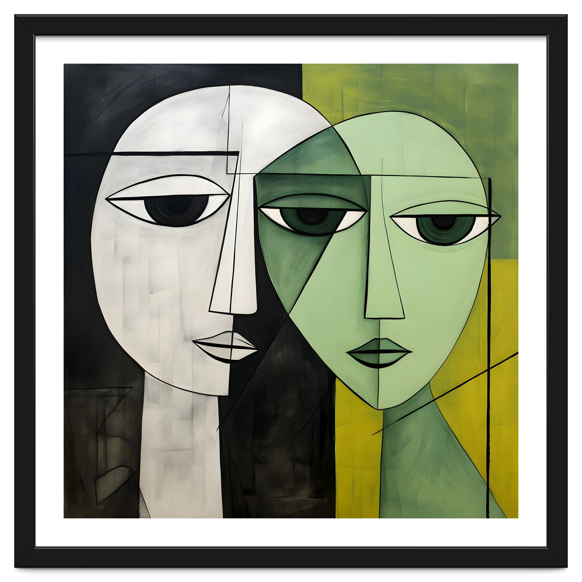DYNAMIC FUSION, Two abstract heads converge - vibrant green tones intertwine with cool grey hues, a dance of contrast and connection.