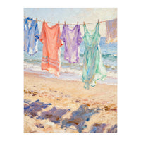 Laundry Drying by the Sea, Colorful Clothes on a Beach Clothesline, Coastal Summer Pastel Painting, Relaxing Ocean Shore Art Print (Print Only)