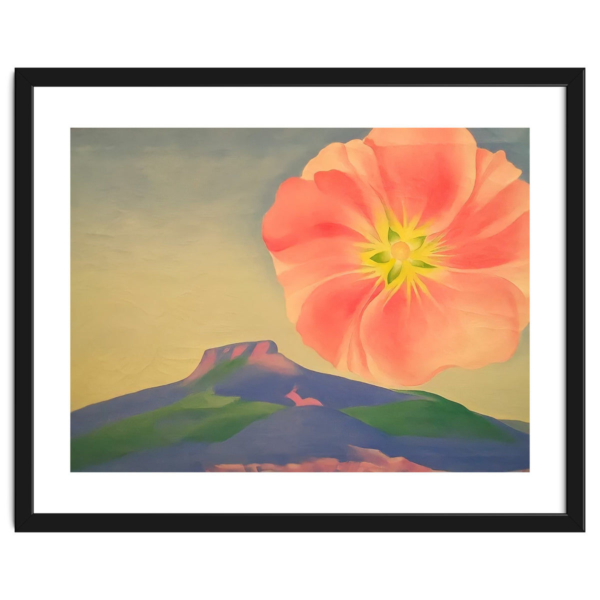 Georgia O’Keeffe – Hollyhock Pink with Pedernal (1937) | Vibrant Modernist Floral Landscape of New Mexico