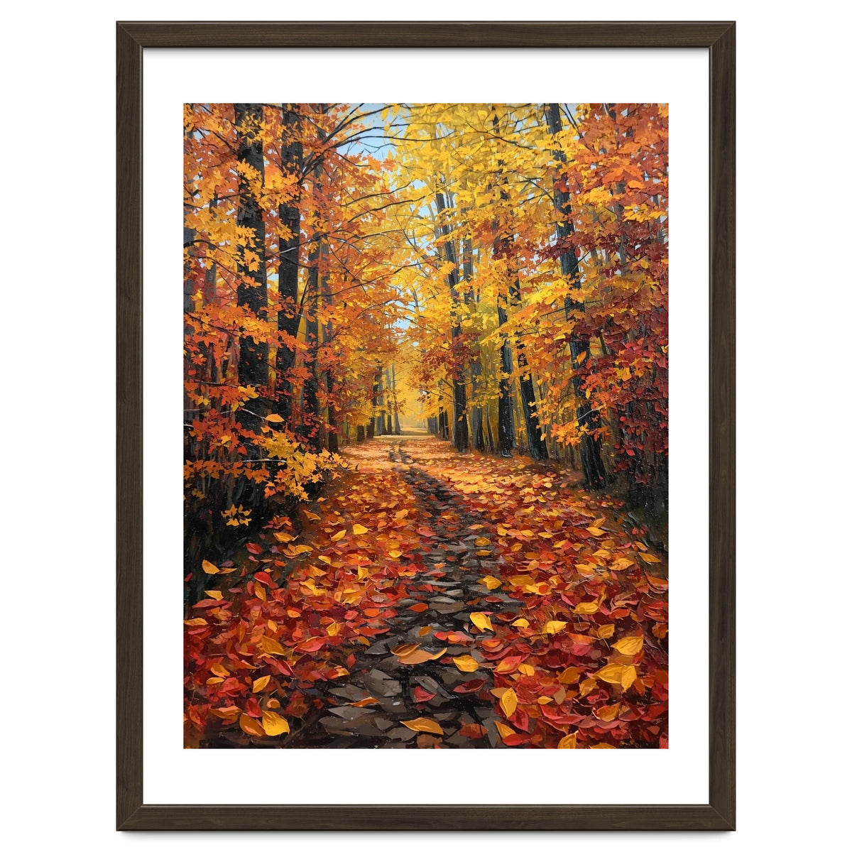 Sun-Drenched Golden Forest Path with Vibrant Autumn Foliage