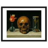 Vanitas, allegory of fleeting time with skull and hour-glass. Oil on canvas. thumbnail