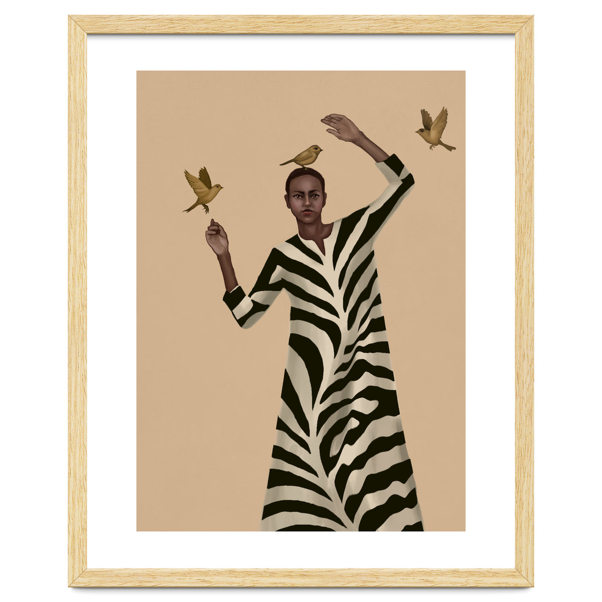 Woman With Birds And Zebra Pattern Dress