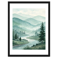 Serene Misty Mountain Valley Watercolor Painting