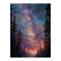 Magical Milky Way Night Sky over Pine Forest Silhouette Art (Print Only)