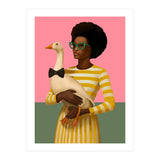 Stylish Woman Holding Goose In Striped Dress (Print Only) thumbnail