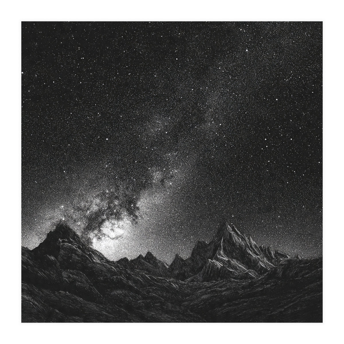Starlit Mountain Majesty: Detailed Monochrome Milky Way (Print Only)