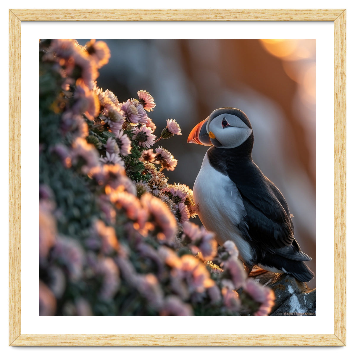 Puffin Bird On Rocks Near Pink Flowers At Sunset