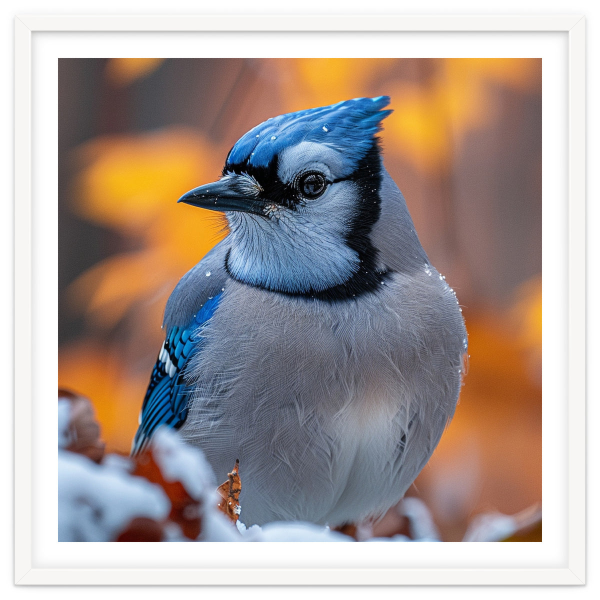 Blue Jay Bird In Winter Snowfall And Leaves