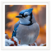 Blue Jay Bird In Winter Snowfall And Leaves