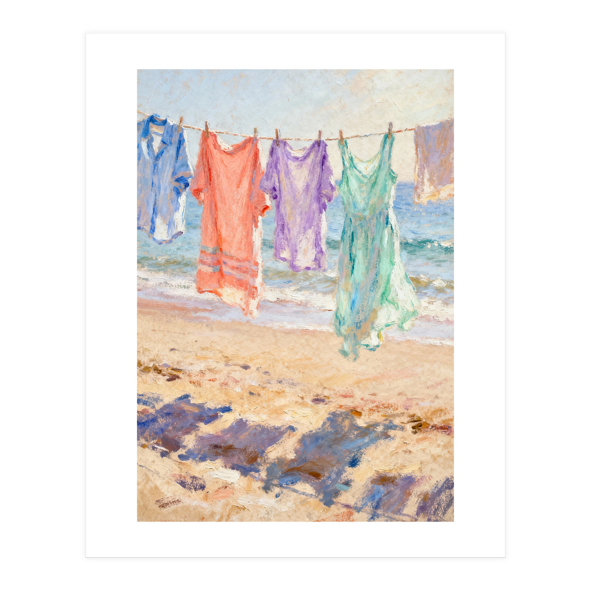 Laundry Drying by the Sea, Colorful Clothes on a Beach Clothesline, Coastal Summer Pastel Painting, Relaxing Ocean Shore Art Print (Print Only)