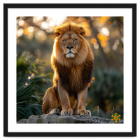 Majestic Lion Sitting On A Rock At Sunset