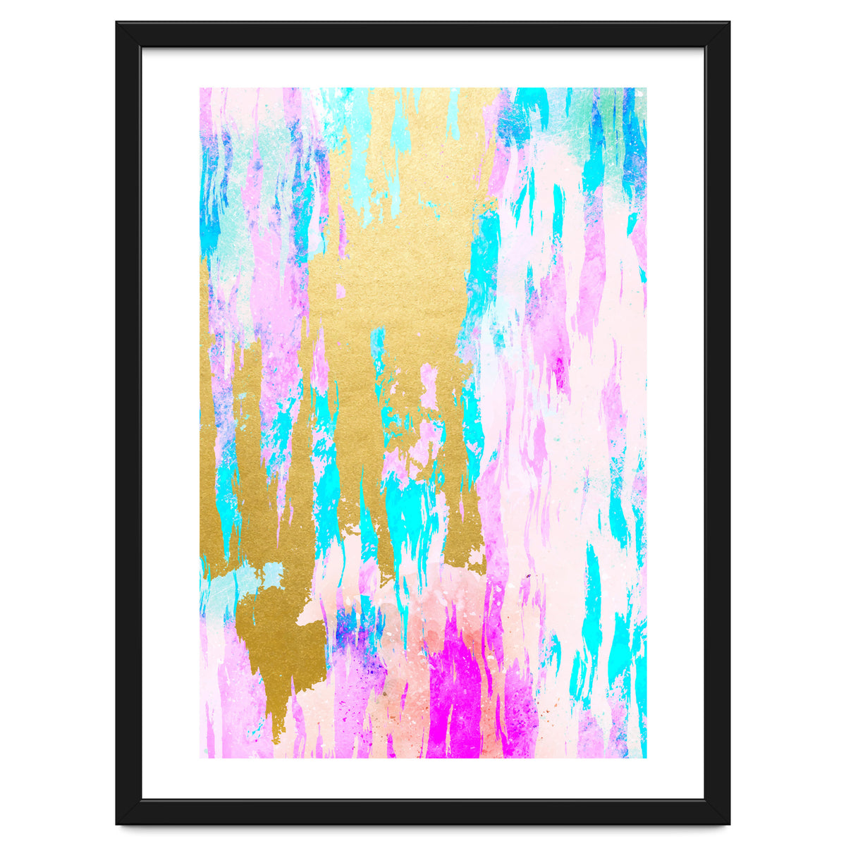 Meraki, Abstract Gold Painting, Colorful Graphic Design, Golden Pink Blue Eclectic Luxe Illustration