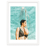 Bathe | Woman Pool Shower | Summer Swim Watercolor Painting | Brunette Bikini Boho Fashion thumbnail