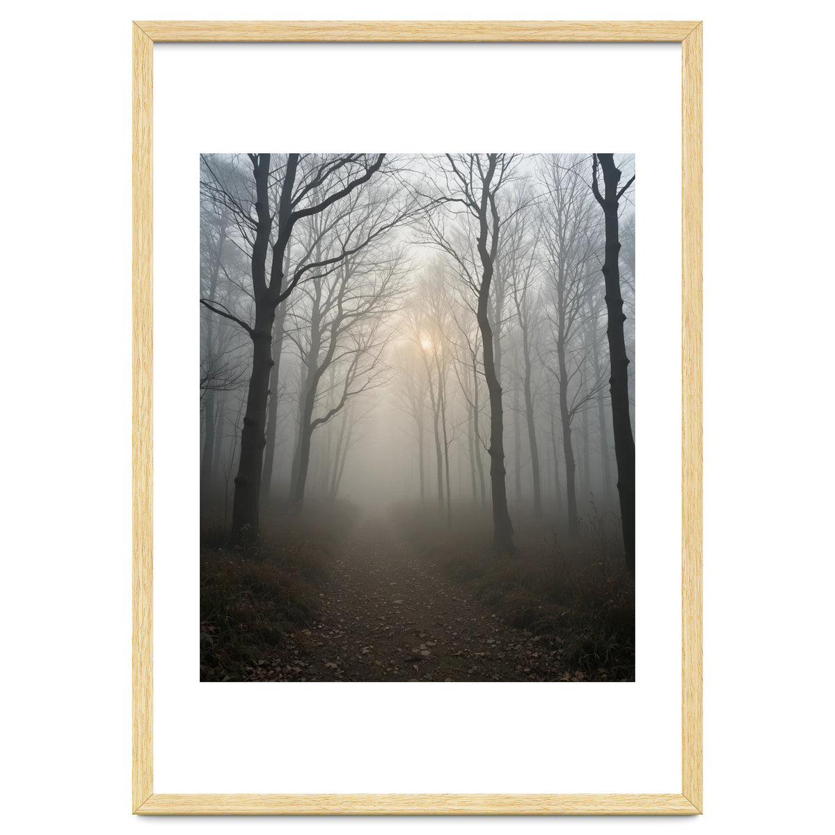 Ethereal Morning Light Breaking Through Dense Forest Fog