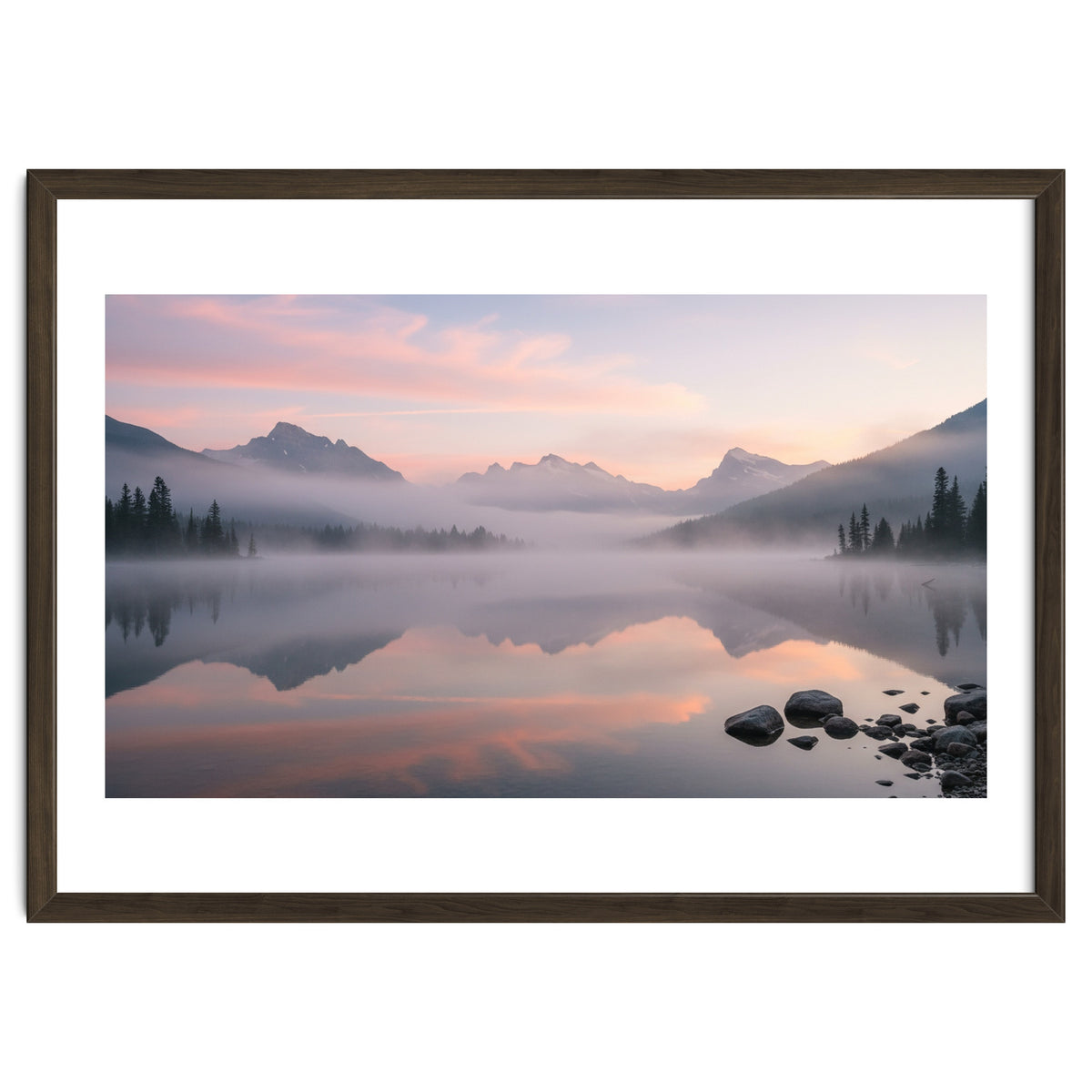 Misty Morning Reflection: Serene Alpine Lake