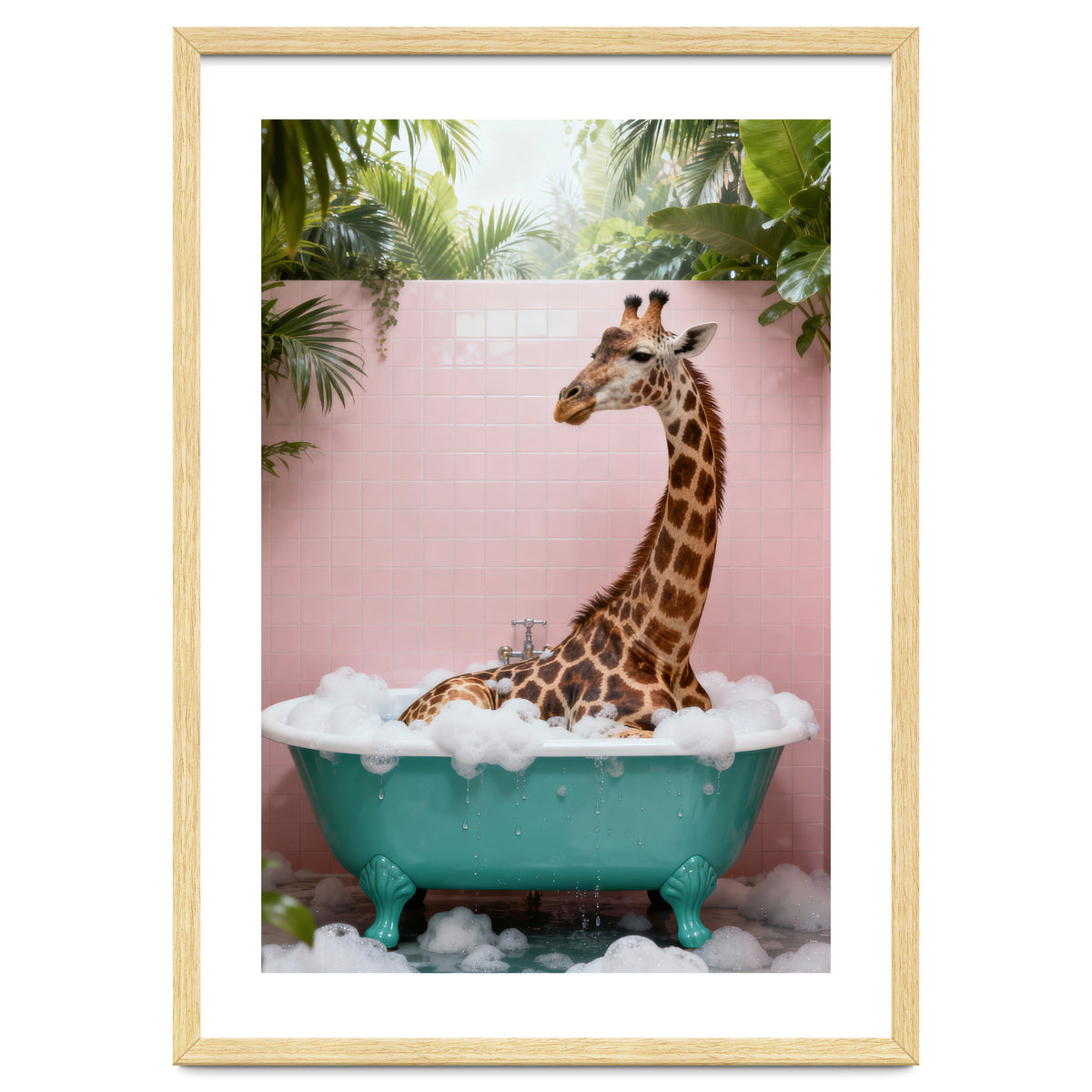 Giraffe in Bathtub, Whimsical Bathroom Art