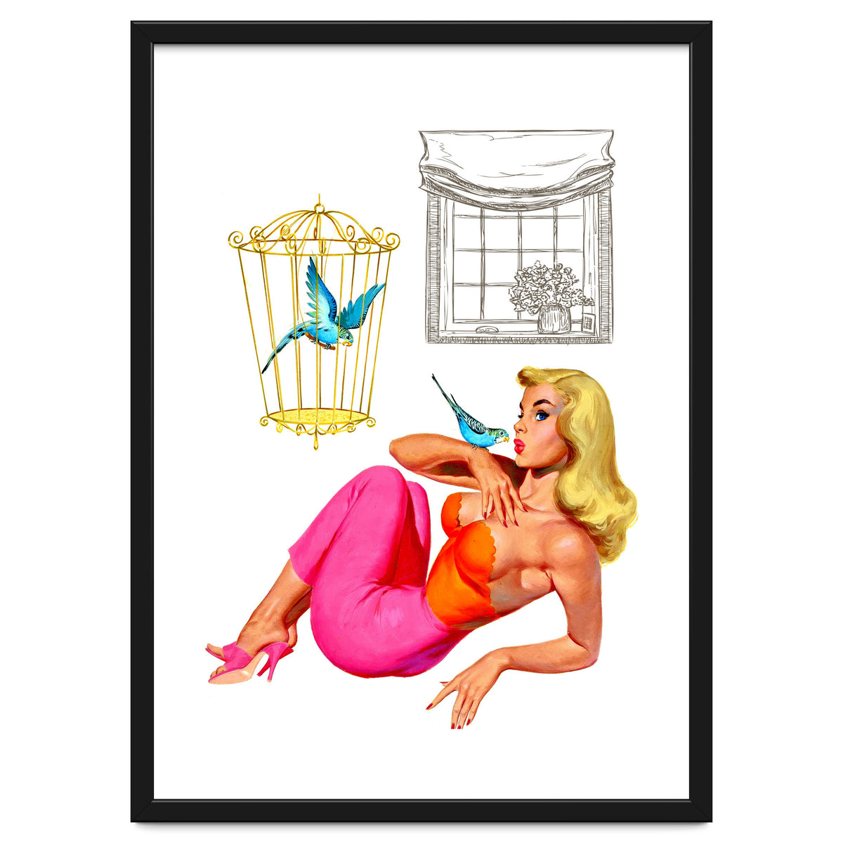 Pinup Girl With Two Birds