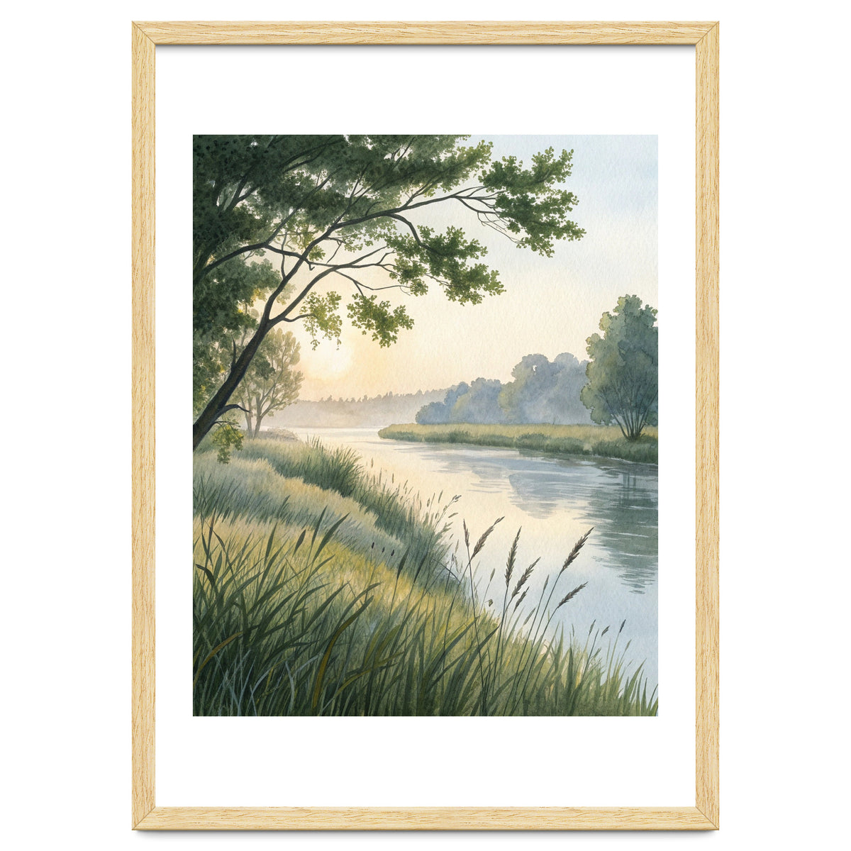Serene River Sunrise Watercolor Painting with Meadow Grasses and Warm Golden Atmosphere Landscape
