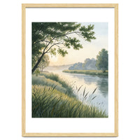Serene River Sunrise Watercolor Painting with Meadow Grasses and Warm Golden Atmosphere Landscape