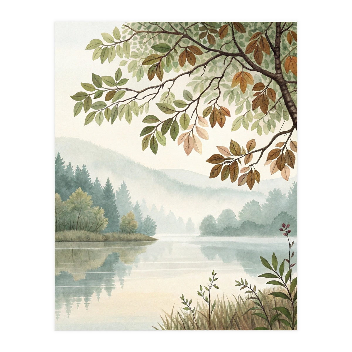 Tranquil Lakeside Forest Watercolor Painting with Overhanging Autumn Branches and Misty Mountain Reflection (Print Only)