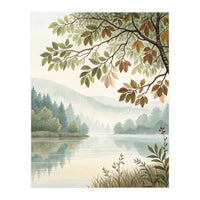 Tranquil Lakeside Forest Watercolor Painting with Overhanging Autumn Branches and Misty Mountain Reflection (Print Only)