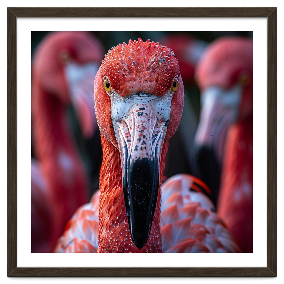 Close Up Of A Flamingo Bird Face, Pink Feathers