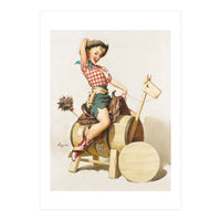 Pinup Cowgirl Riding A Wooden Horse Made Of Barrel (Print Only)