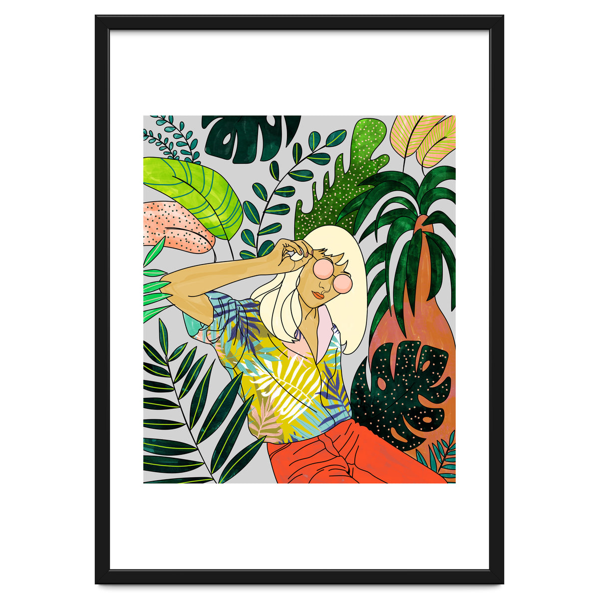 Spring Break, Tropical Bohemian Travel Line Art, Woman Fashion Palm Forest Jungle Watercolor Nature