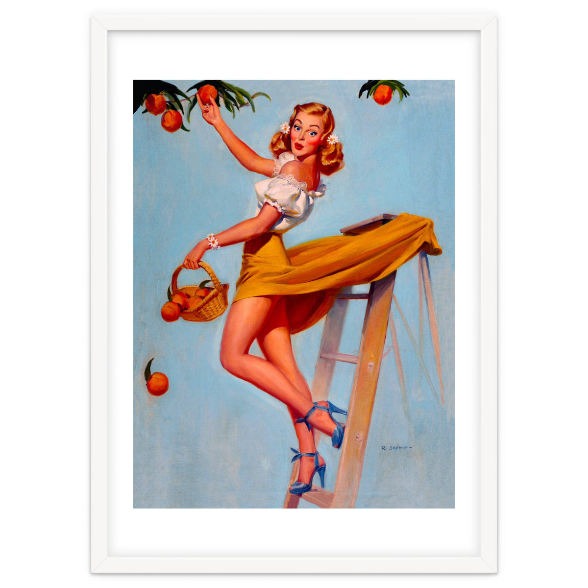 Pinup Sexy Woman Picking Oranges On A Tree Branch