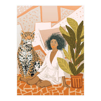 House Guest | Modern Bohemian Black Woman | Urban Jungle Decor | Wild Cat Leopard Pet | Plant Lady (Print Only)