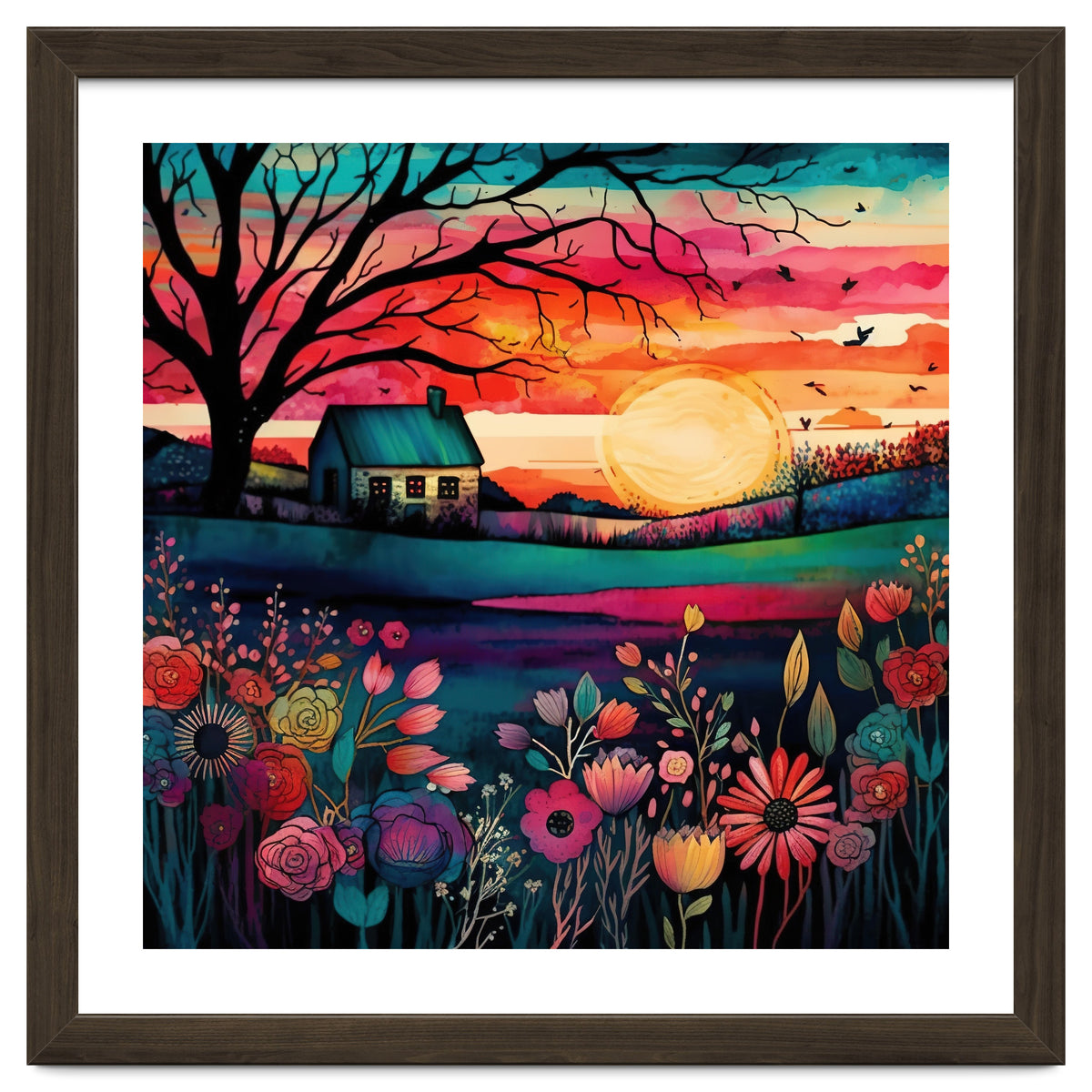 Watercolor Folk Art Sunset Landscape