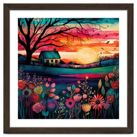Watercolor Folk Art Sunset Landscape