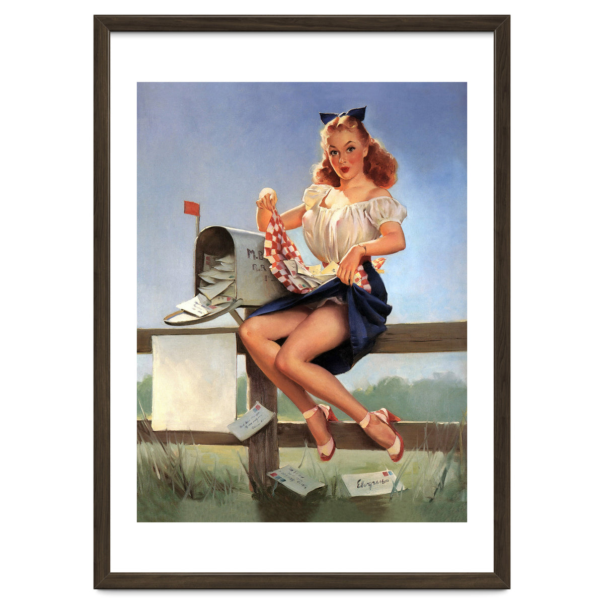 Countryside Pinup Girl Posing On A Fence With Love Letters And A Full Mailbox