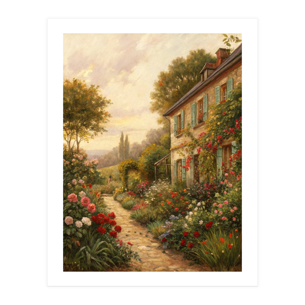 Idyllic Sunlit Cottage Garden Oil Painting (Print Only)