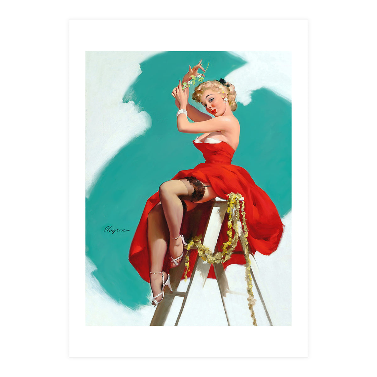 Sexy Pinup Girl In Red Dress Posing On a Ladder (Print Only)