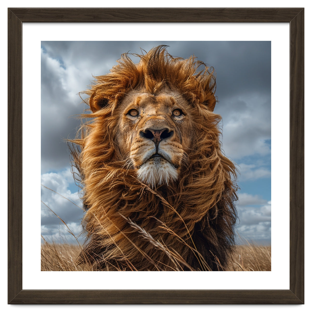Majestic Lion Portrait Windblown Mane Outdoors