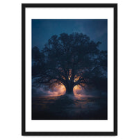Ancient Mystical Oak Silhouette at Twilight with Ethereal Wisps