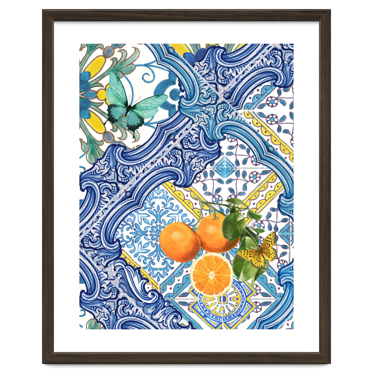 Mediterranean blue tiles, butterflies and citrus fruit