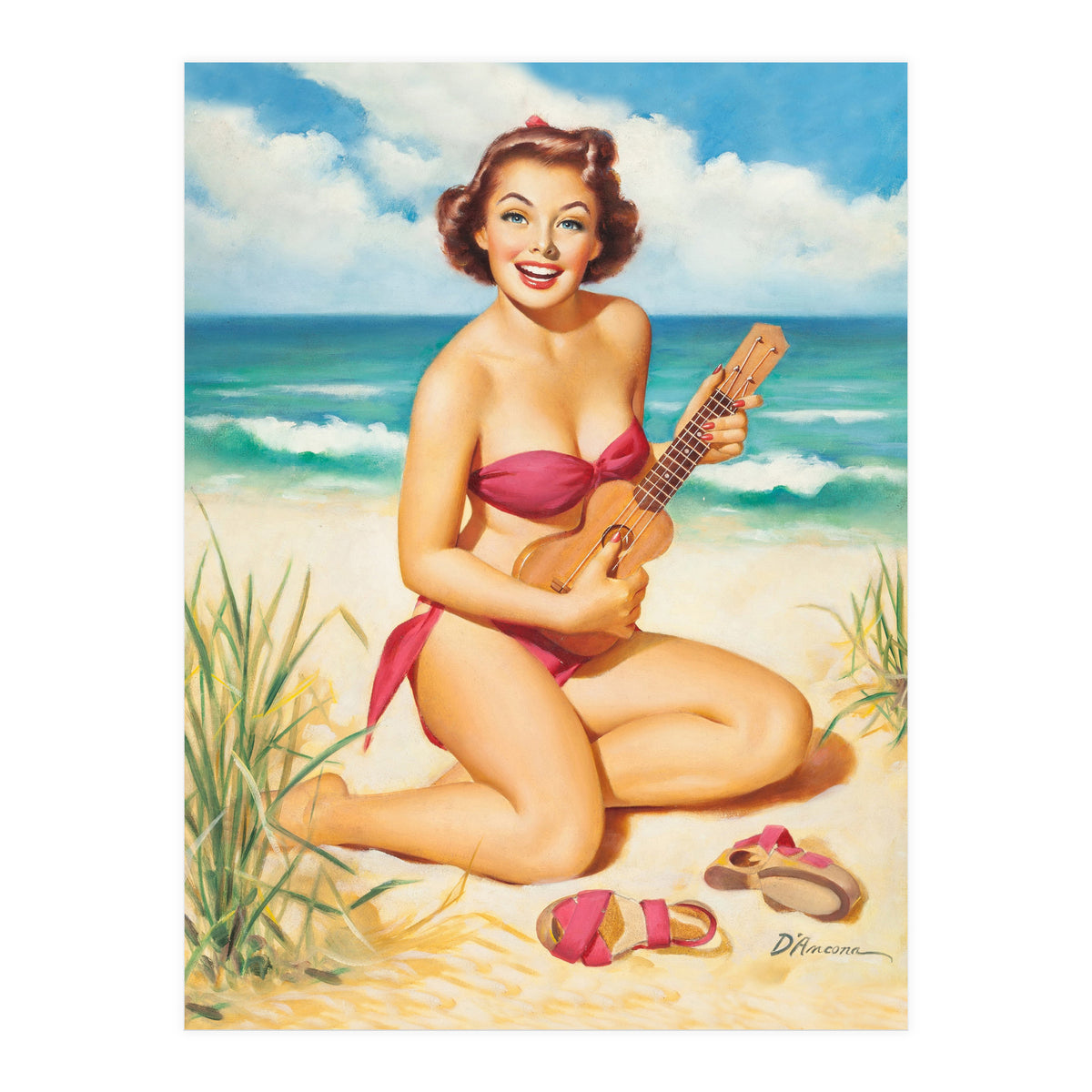 Pinup Girl Playing Ukulele On The Beach (Print Only)