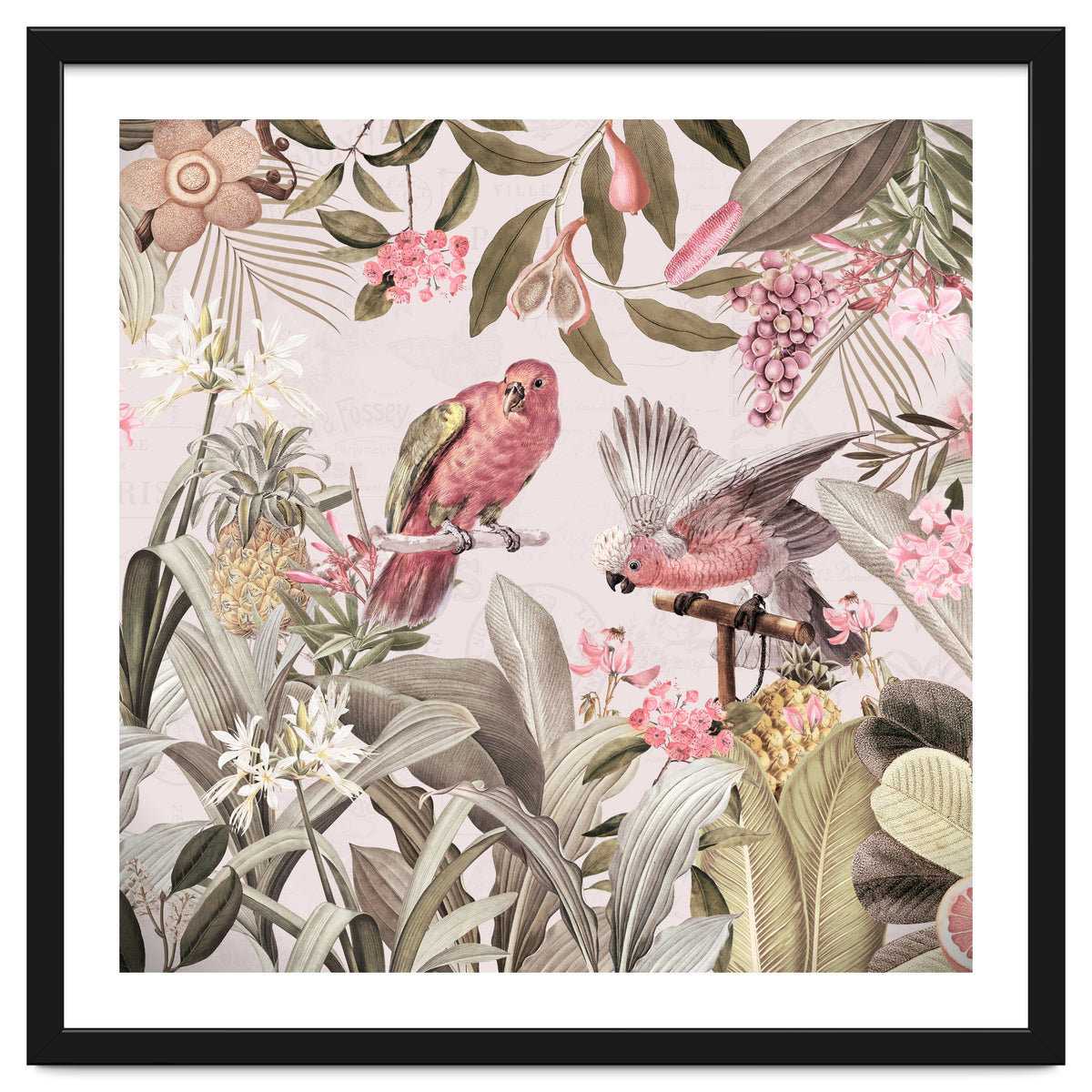 Colorful Parrots In Flower And Fruit Tropical Jungle