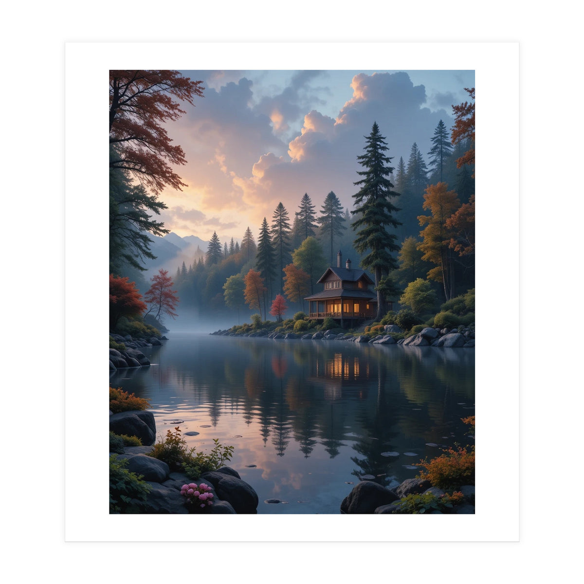 Serene Lakeside Retreat in Autumn Forest (Print Only)
