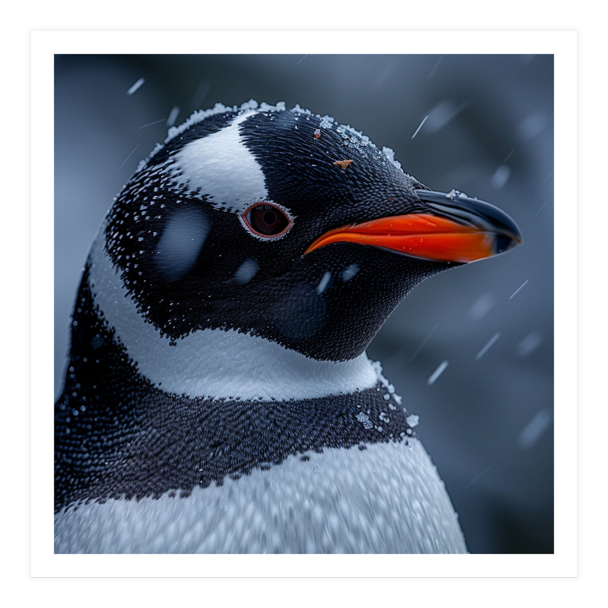 Close Up Penguin Portrait In Snowy Weather (Print Only)