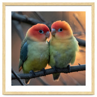 Two Lovebirds Perched On A Branch At Sunset