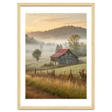Rustic Red Roof Barn in Misty Morning Valley Landscape thumbnail