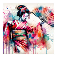 Vibrant Geisha With Rainbow Hand Fan (Print Only)