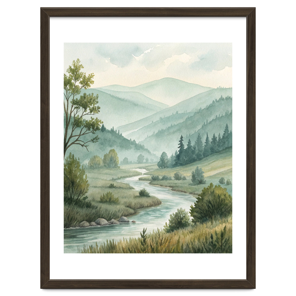 Serene River Valley in Soft Watercolor