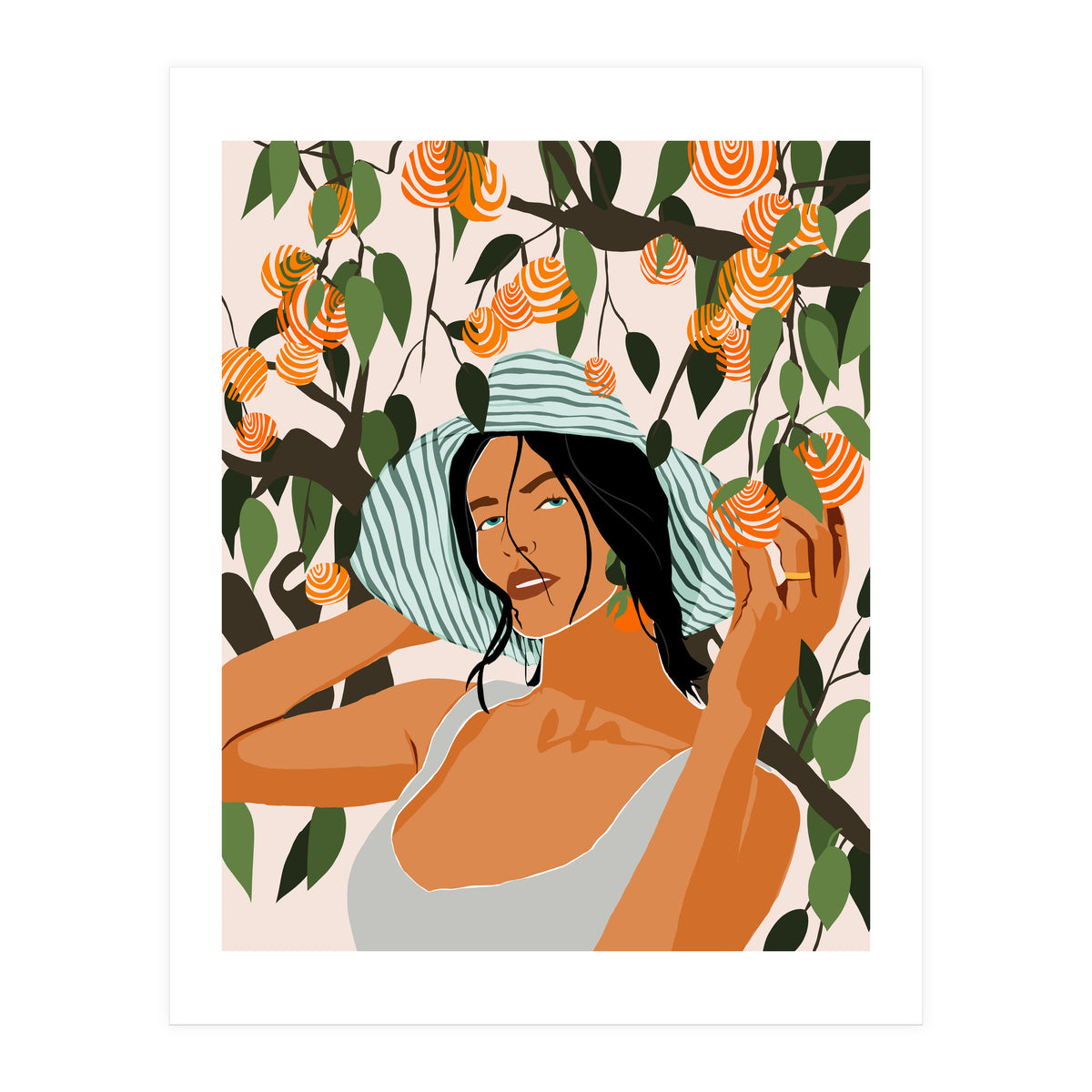 The Orange Grove, Bohemian Woman Summer Travel, Fashion Botanical Nature Garden, Plants Fruits Juicy (Print Only)